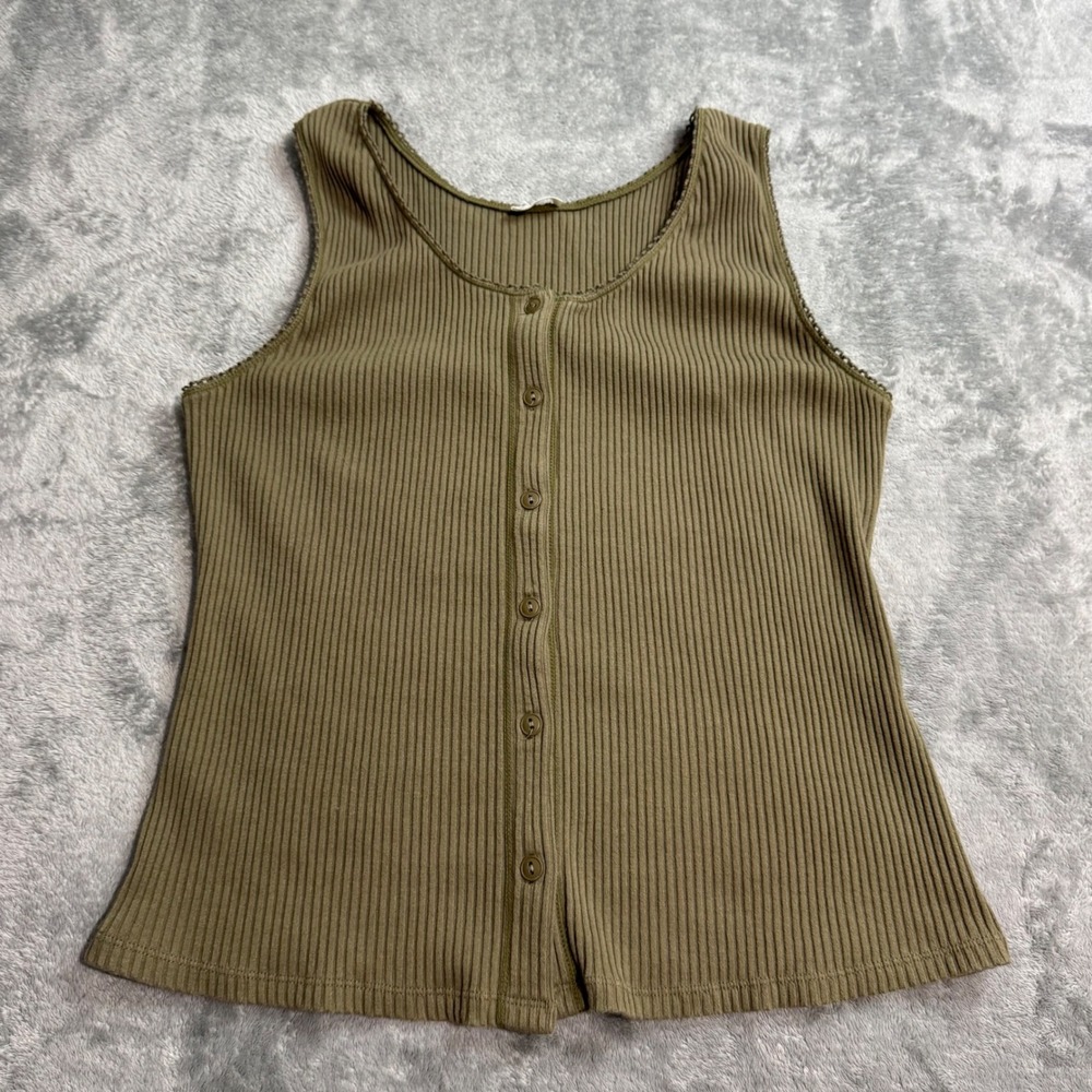 Free People Olive Green Ribbed Button Front Tank Top